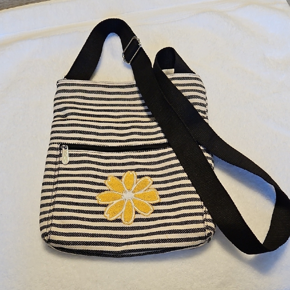 Thirty-One Black and White Crossbody Bag with Floral Accent